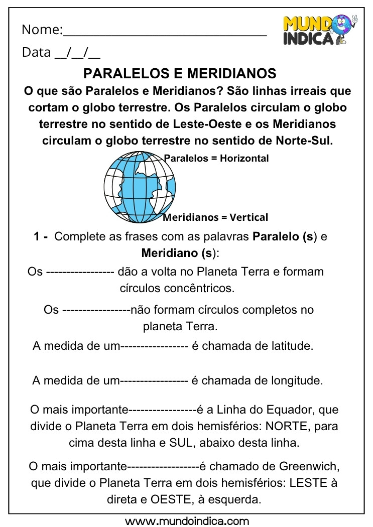 Atividade para Trabalhar Localização Global com Paralelos e Meridianos para Imprimir
