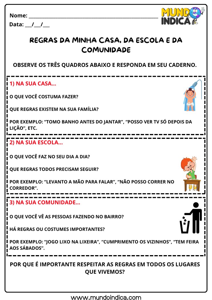 Atividade de História 1º Ano sobre Regras da Casa, Escola e Comunidade com perguntas e exemplos práticos para refletir sobre convivência e hábitos sociais (EF01HI04)