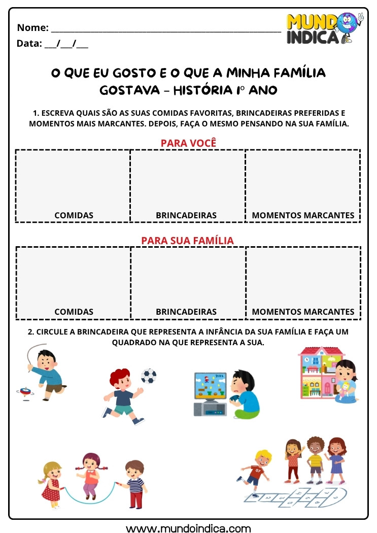 Atividade de História 1º Ano sobre Brincadeiras Antigas e Cultura Familiar para Imprimir