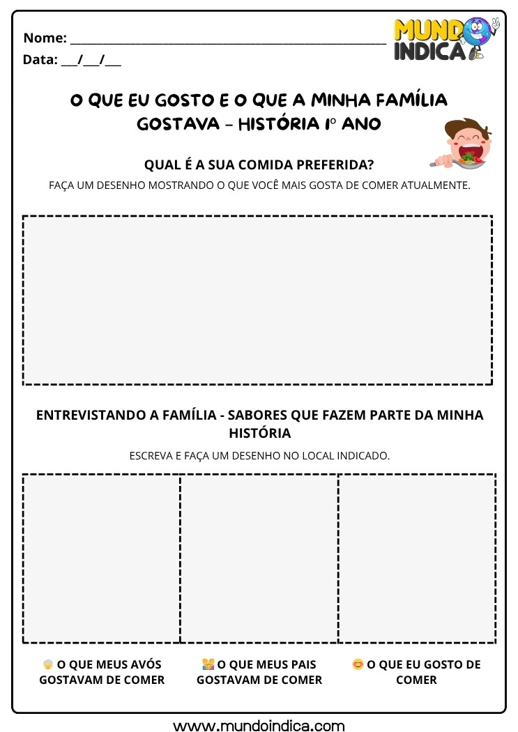 Atividade de História 1º Ano sobre Comidas da Família e Memórias Afetivas para Imprimir