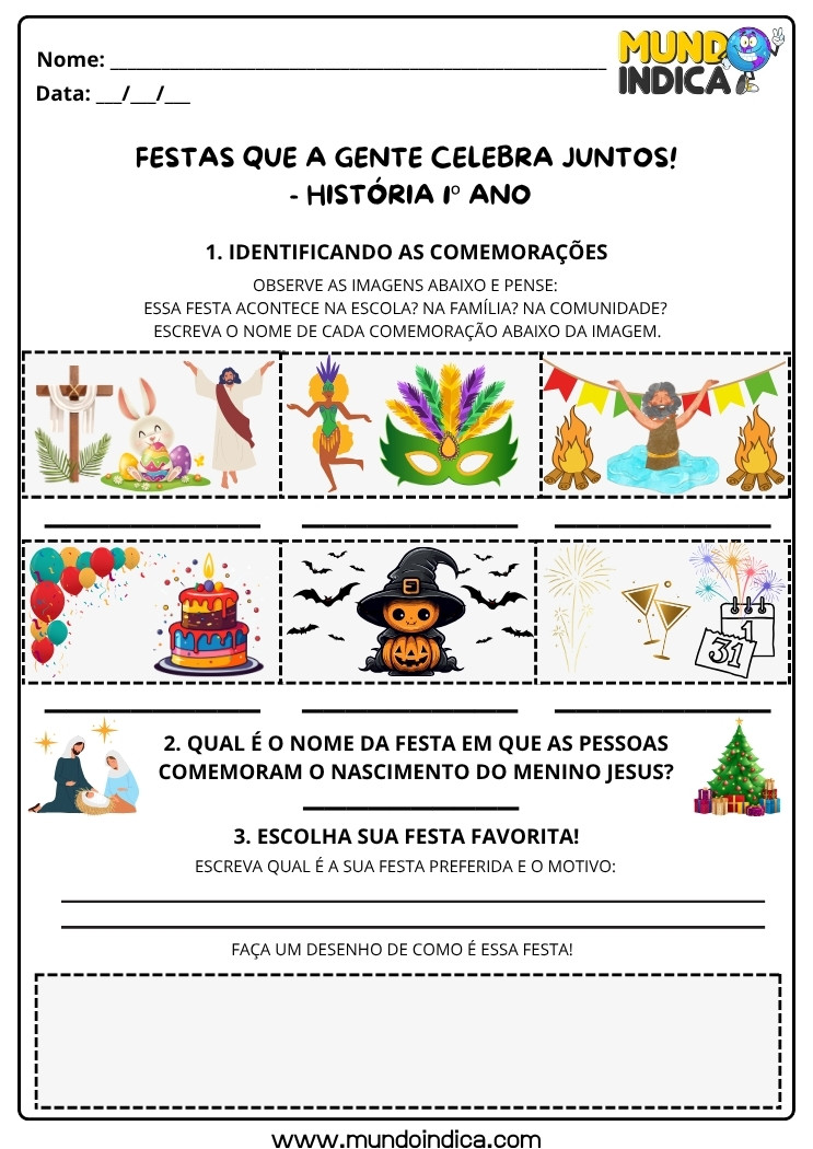 Atividade de História 1º Ano sobre Festas Escolares, Familiares e Comunitárias para Imprimir