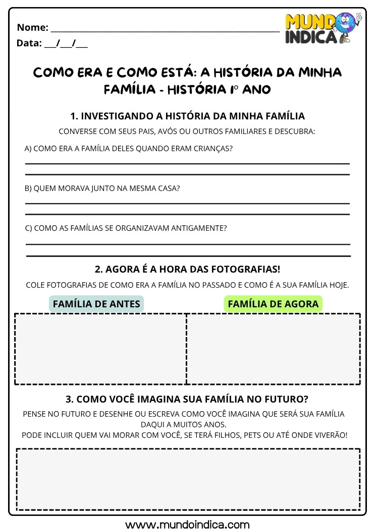 Atividade de História 1º Ano sobre História da Família no Passado, Presente e Futuro para Imprimir