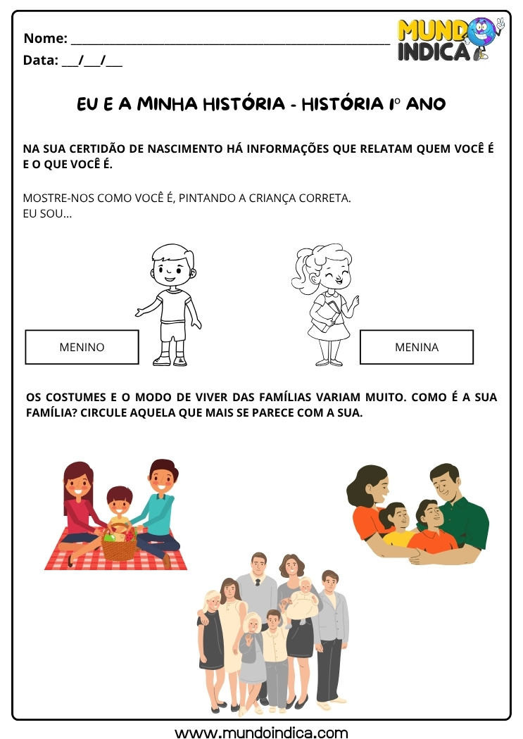 Atividade de História 1º Ano sobre Identidade e Diversidade Familiar para Imprimir