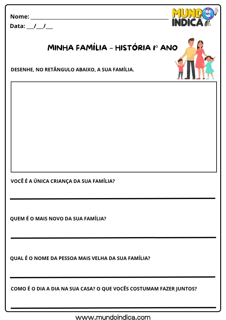 Atividade de História 1º Ano sobre Retrato Familiar e Hábitos do Dia a Dia para Imprimir