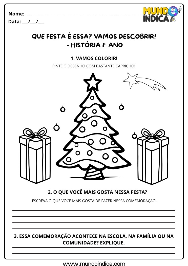 Atividade de História 1º Ano sobre o Natal para Colorir, Escrever e Identificar Onde a Comemoração Acontece