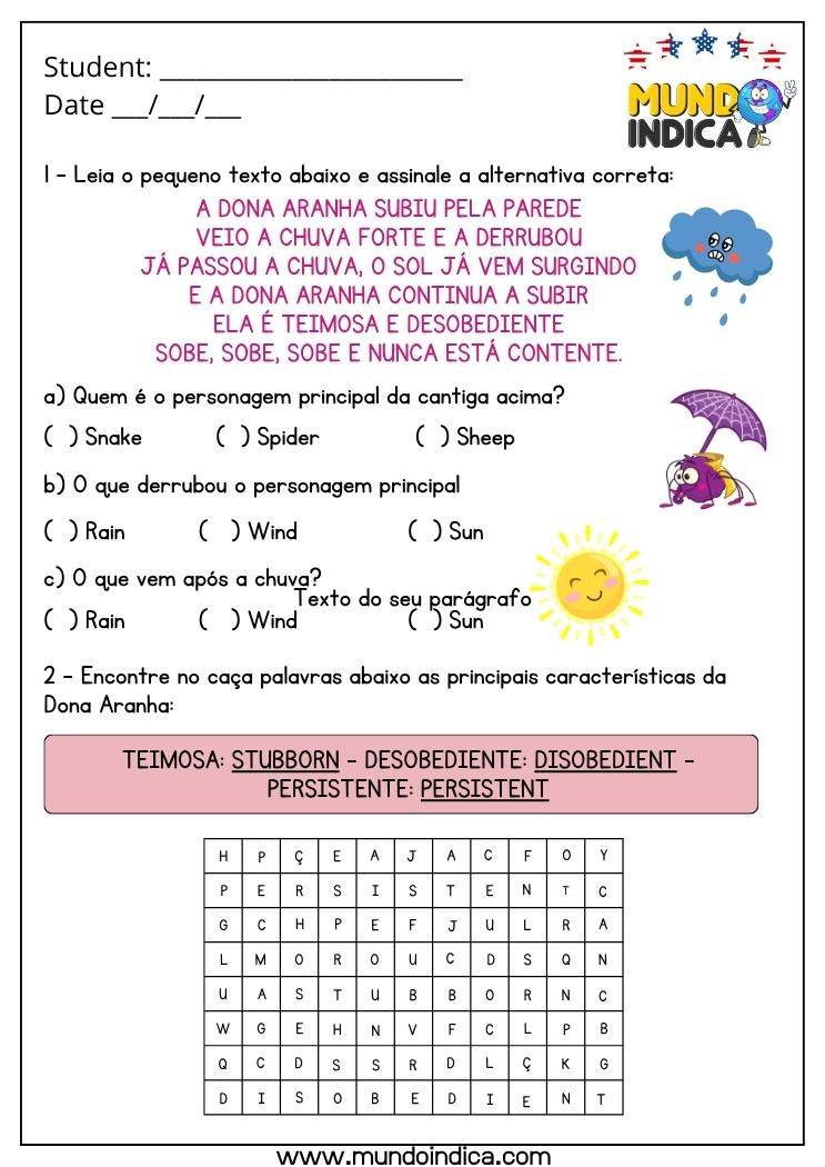 Atividade de Inglês Interpretação de Texto da Dona Aranha para Imprimir