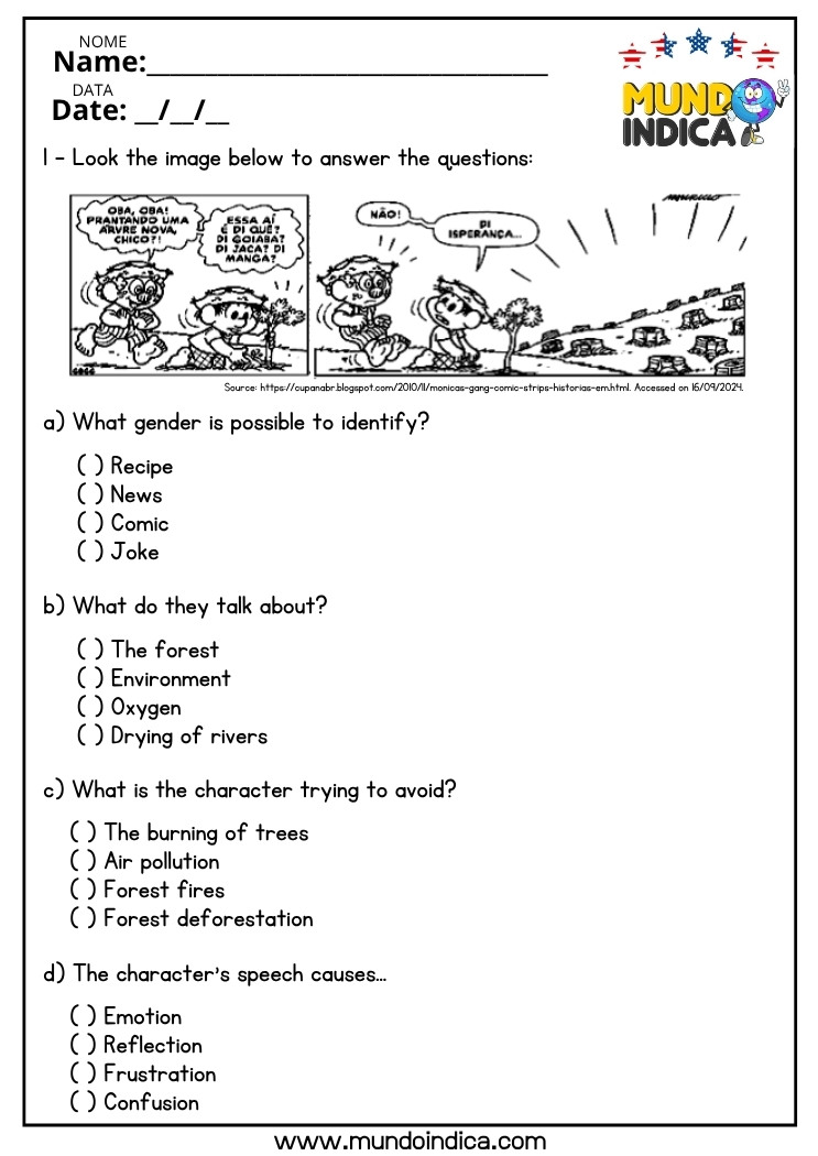 Atividade de Inglês Interpretação de Texto da Turma da Mônica para Imprimir