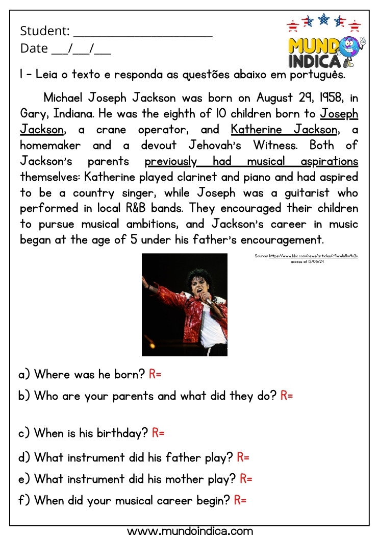 Atividade de Inglês Interpretação de Texto sobre Michael Jackson para Imprimir