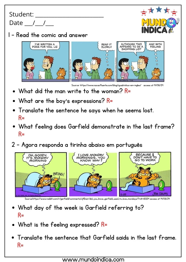 Atividade de Inglês Interpretação de Tirinhas do Garfield para Imprimir