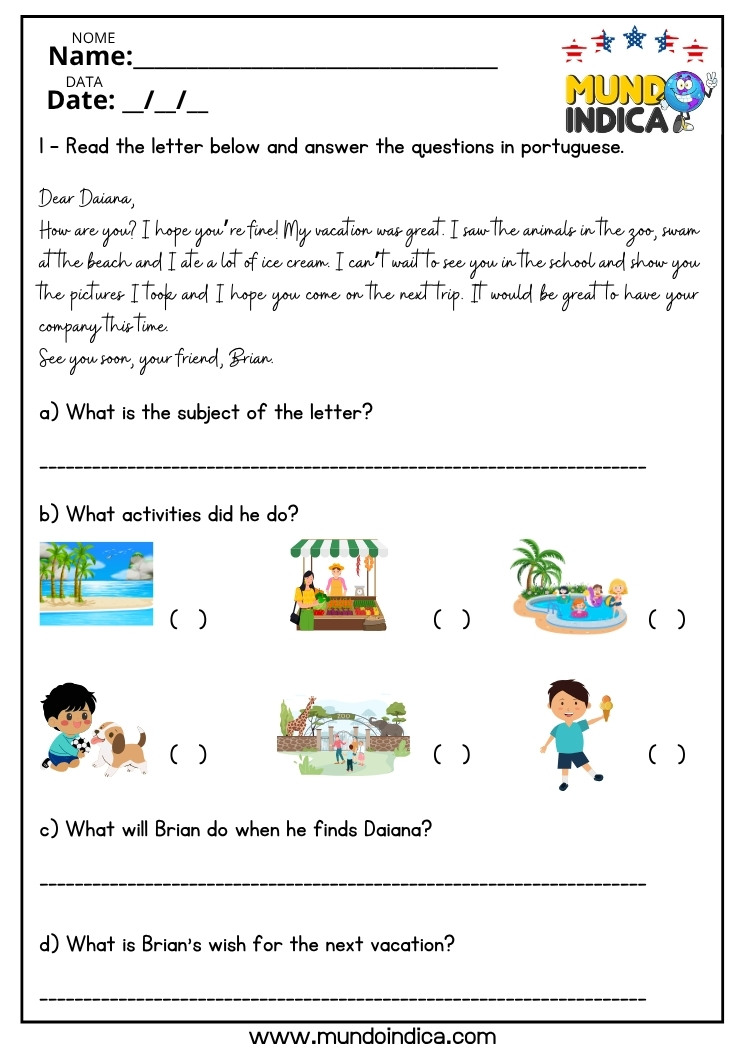 Atividade de Inglês com Interpretação de Carta para Imprimir