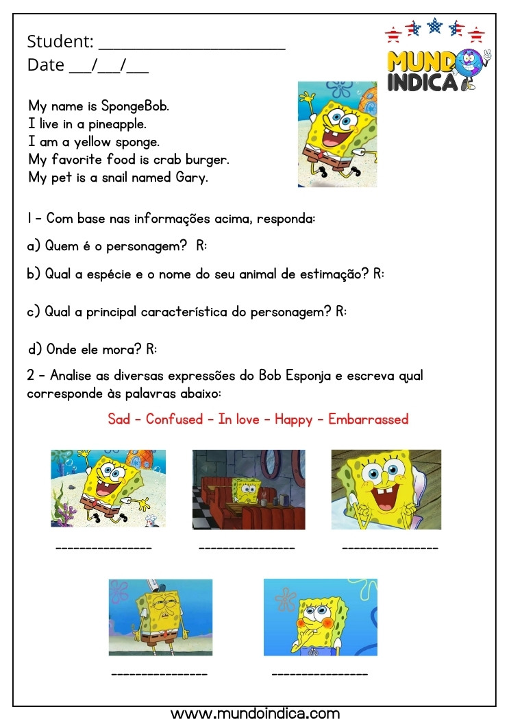 Atividade de Inglês com Interpretação de Texto do Bob Esponja para Imprimir
