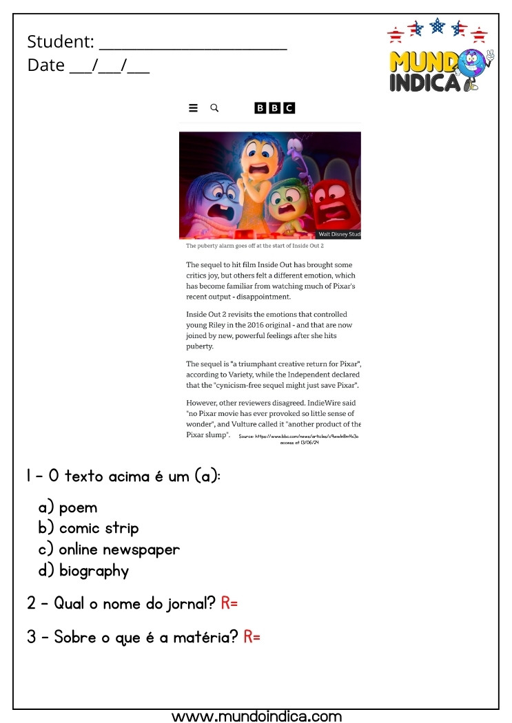 Atividade de Inglês com Interpretação de Texto para Imprimir