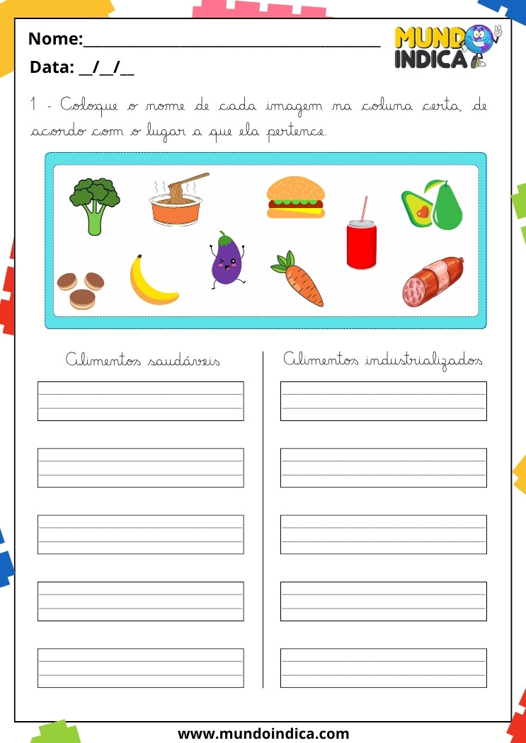 Atividades de Caligrafia 3 Ano com Classificação de Alimentos Saudáveis e Industrializados