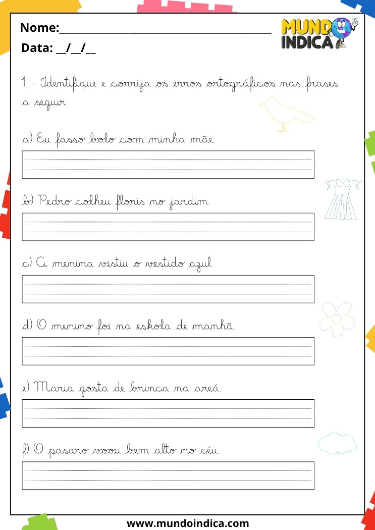 Atividades de Caligrafia 3 Ano com Correção de Erros Ortográficos em Frases Curtas