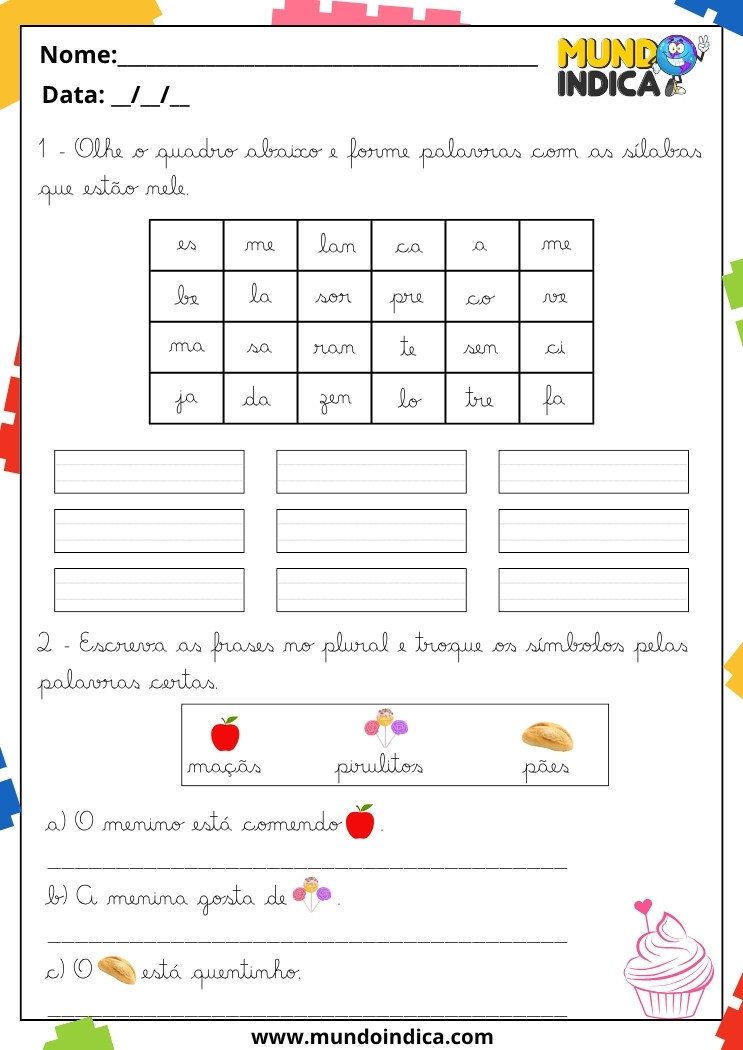 Atividades de Caligrafia 3 Ano com Formação de Palavras e Reescrita de Frases no Plural