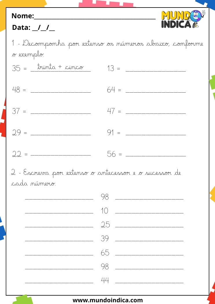 Atividades de Caligrafia 3 Ano com Números por Extenso, Decomposição e Antecessor e Sucessor