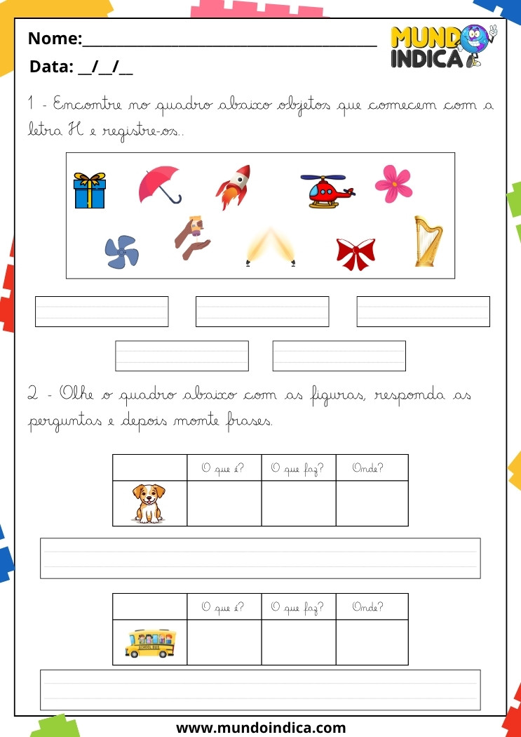 Atividades de Caligrafia 3 Ano com Objetos com a Letra H e Formação de Frases com Imagens