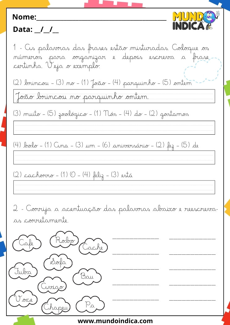 Atividades de Caligrafia 3 Ano com Organização de Frases e Correção de Acentuação