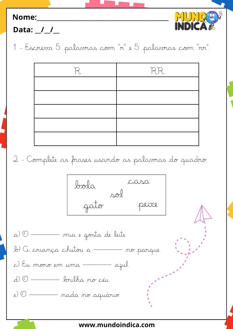 Atividades de Caligrafia 3 Ano com Palavras com R e RR e Frases para Completar em Letra Cursiva