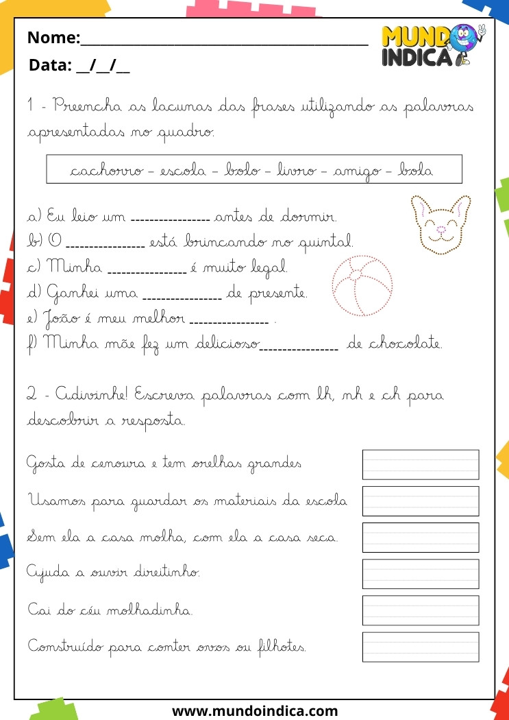 Atividades de Caligrafia 3 Ano com Preenchimento de Lacunas e Escrita de Palavras com LH, NH e CH