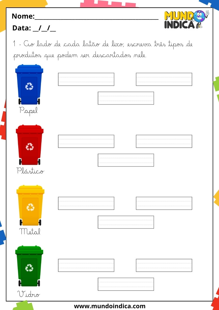 Atividades de Caligrafia 3 Ano com Reciclagem e Classificação de Resíduos por Tipo de Material