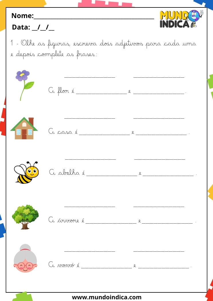 Atividades de Caligrafia 3 Ano com Uso de Adjetivos para Completar Frases em Letra Cursiva