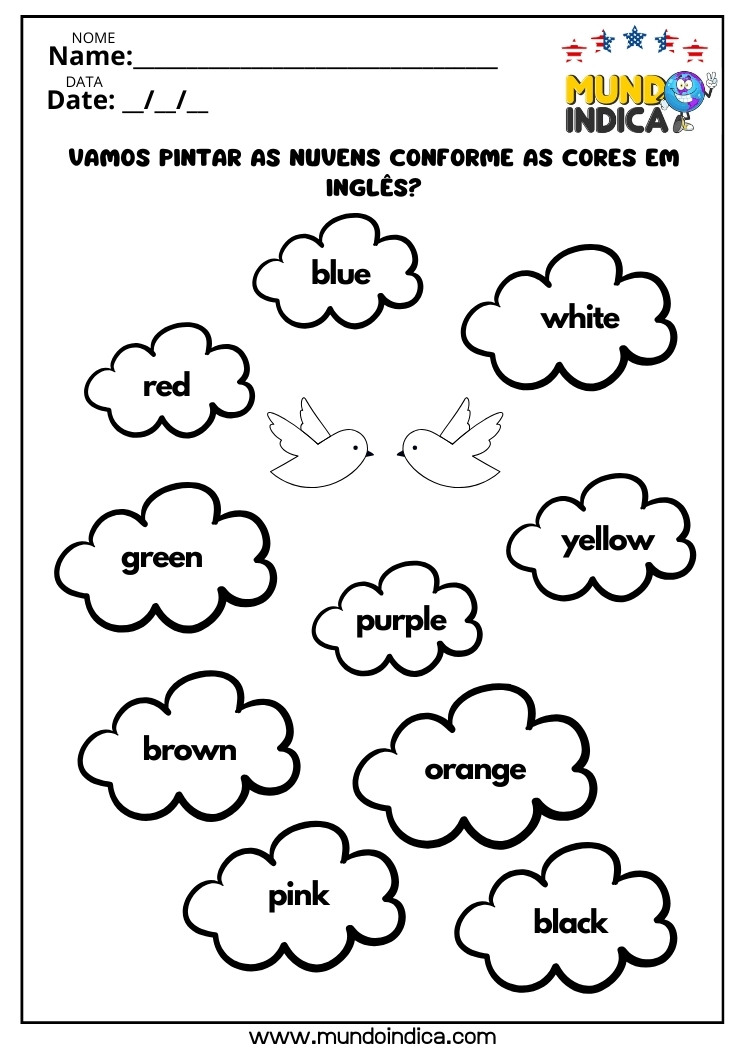 Atividade Lúdica de Inglês para Crianças​ para Pintar as Nuvens Conforme as Cores