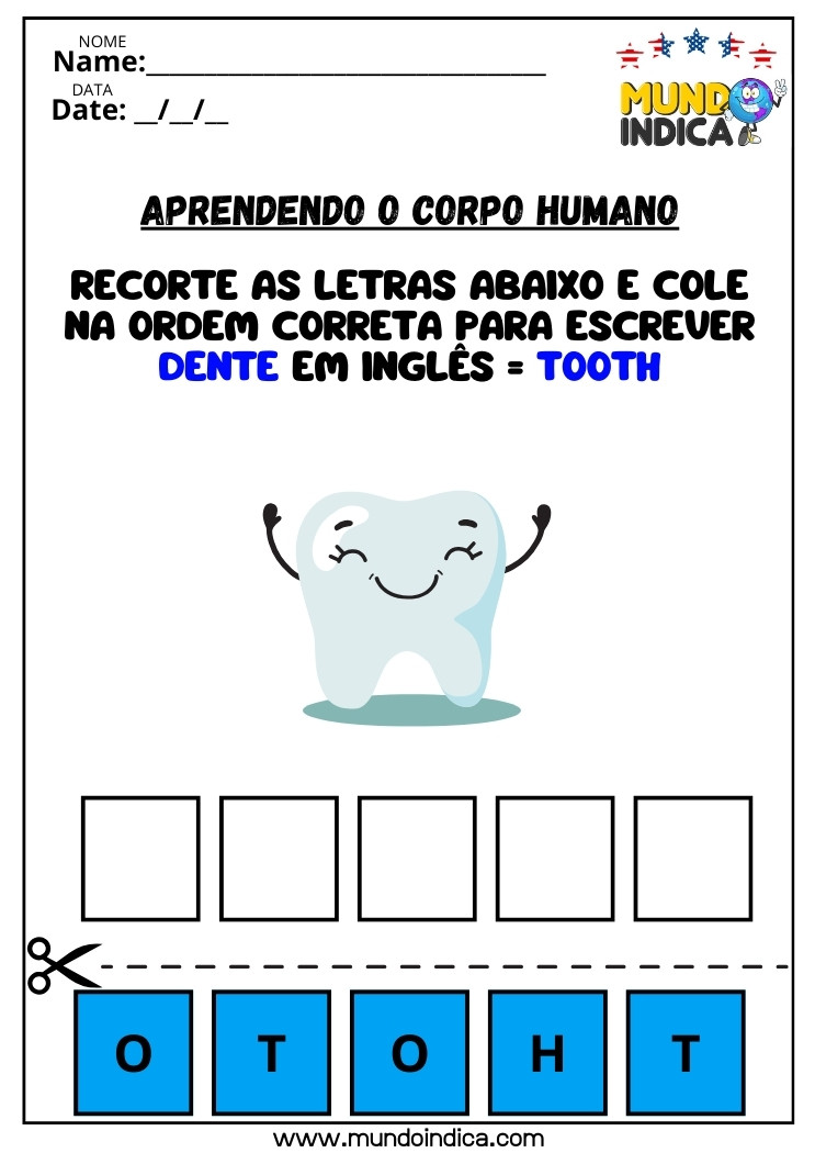 Atividade com Recorte e Colagem da Palavra Dente em Inglês Tooth para Imprimir