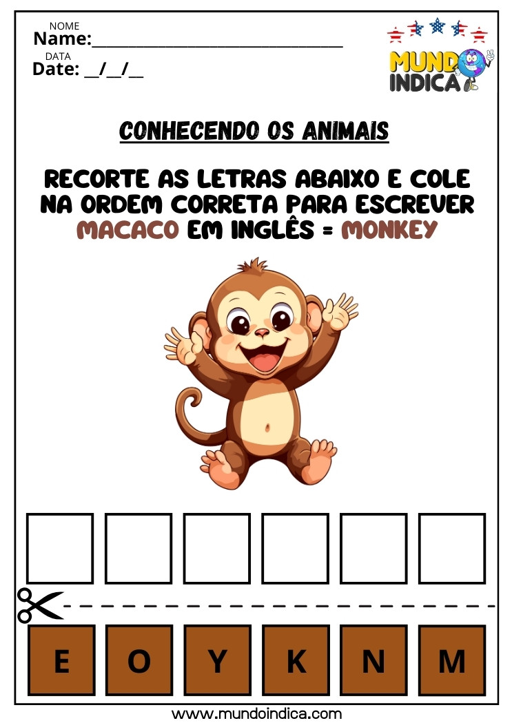Atividade com Recorte e Colagem da Palavra Macaco em Inglês Monkey para Imprimir