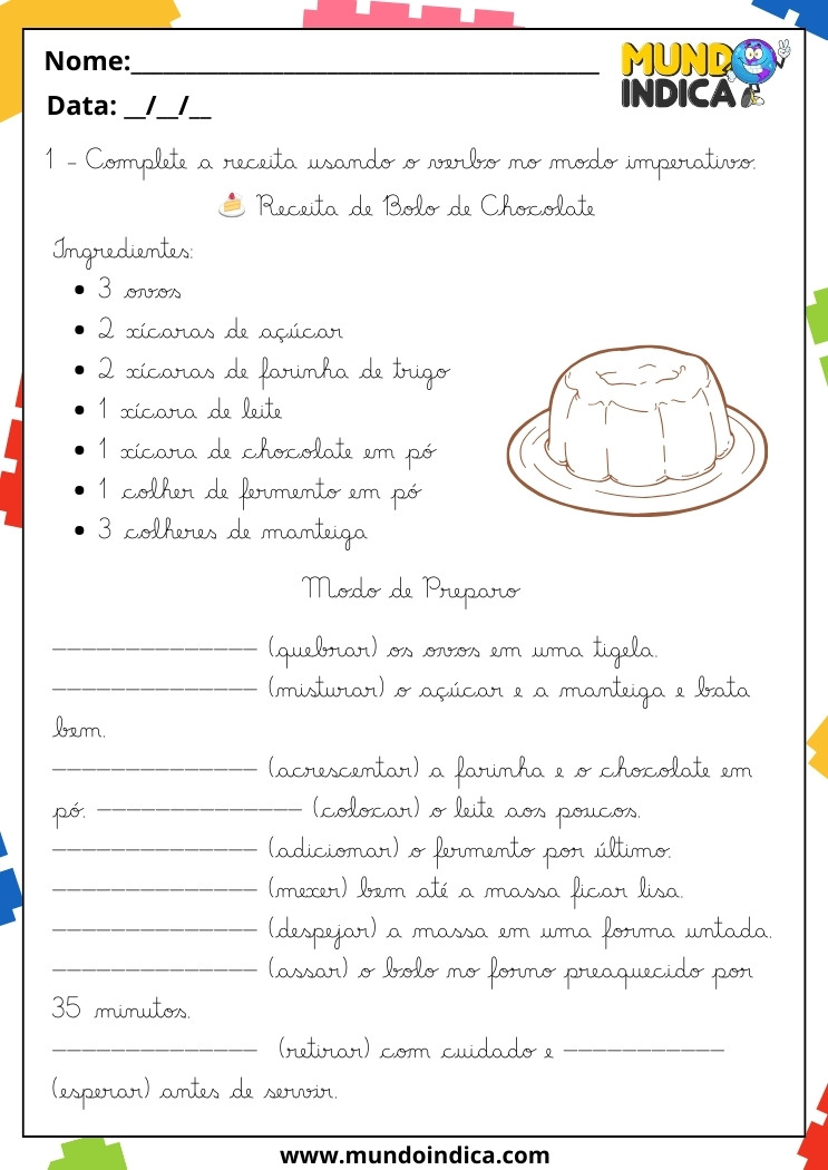 Atividade de Caligrafia Complete a Receita Usando o Verbo no Modo Imperativo com Letras Cursivas para 4 Ano para Imprimir