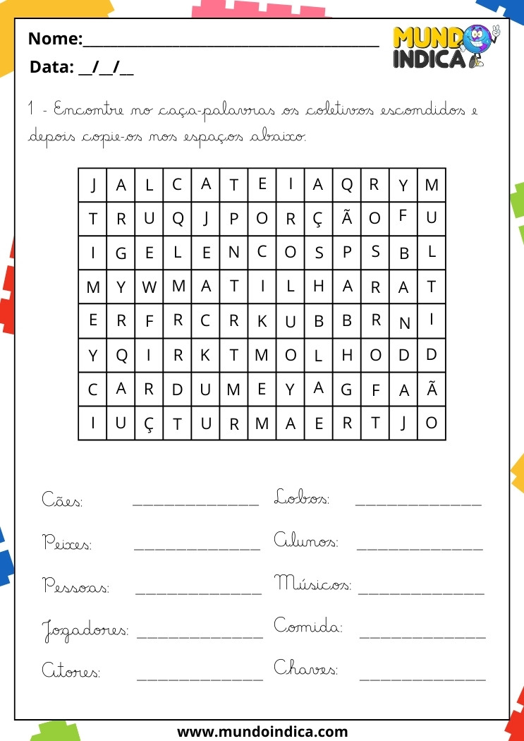 Atividade de Caligrafia com Caça-palavras dos Coletivos para 4 Ano para Imprimir