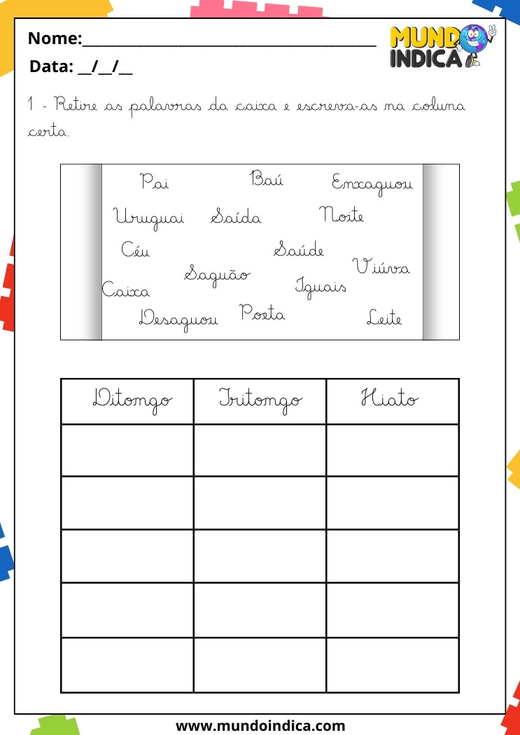 Atividade de Caligrafia com Ditongo, Tritongo e Hiato para 4 Ano para Imprimir