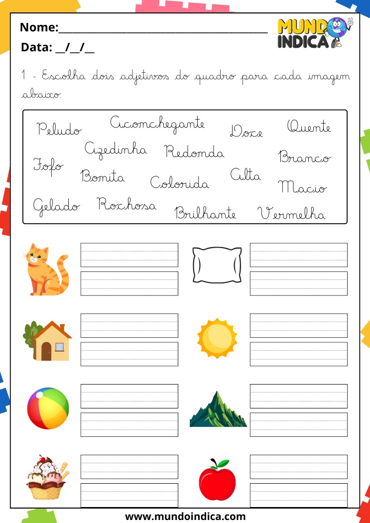 Atividade de Caligrafia para 4 Ano Escolha Dois Adjetivos do Quadro para Cada Imagem