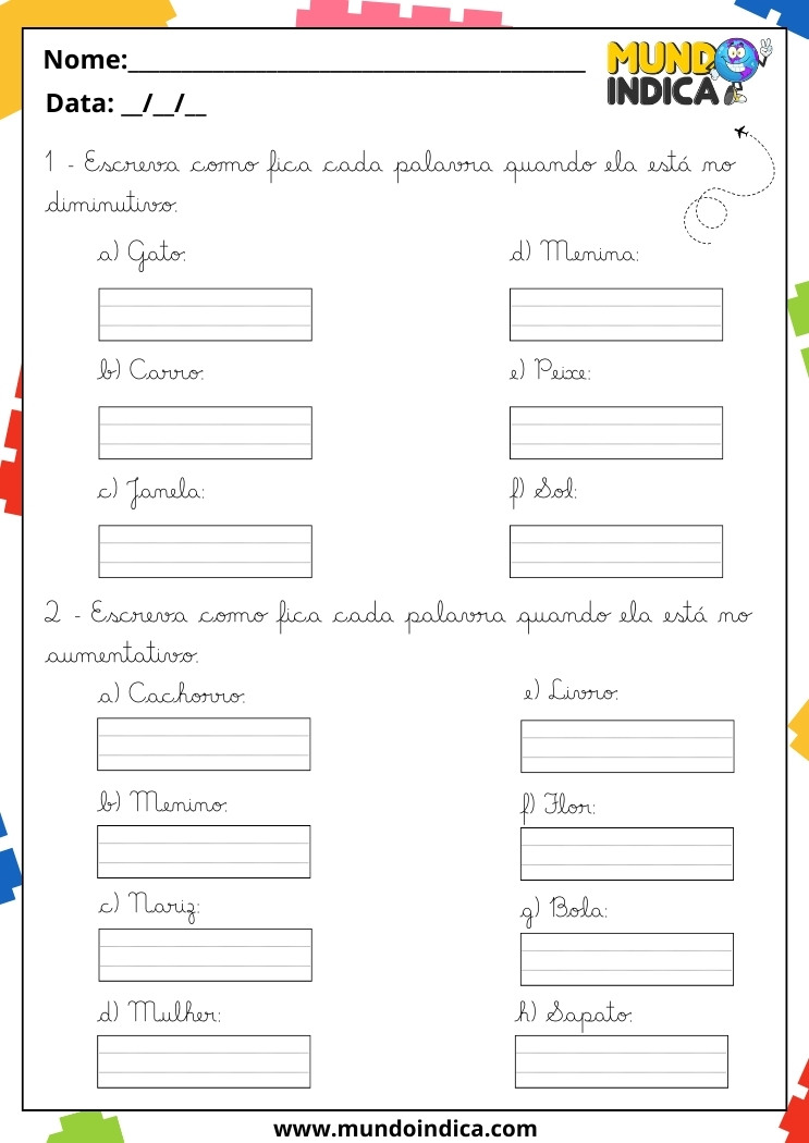 Atividade de Caligrafia para 4 Ano Escreva as Palavras no Diminutivo e no Aumentativo em Letra Cursiva