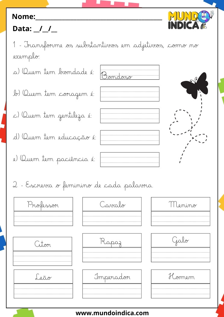 Atividade de Caligrafia para 4 Ano Transforme os Substantivos em Adjetivos e Escreva o Feminino de Cada Palavra em Letra Cursiva