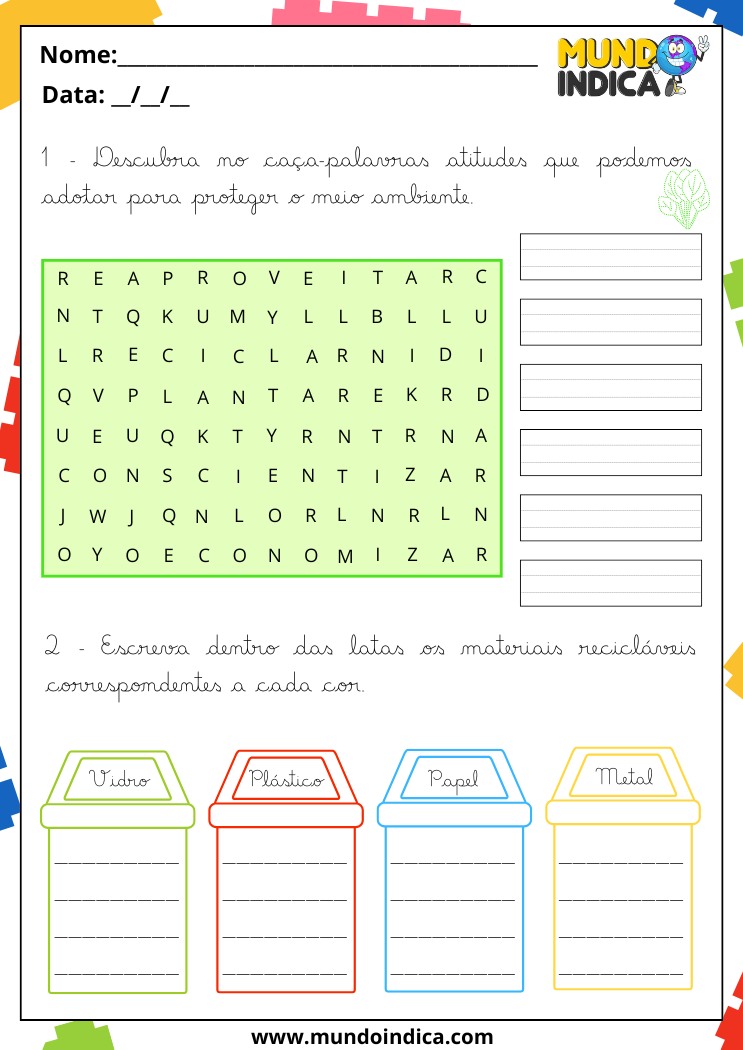 Atividade de Caligrafia para 4 Ano com Caça-palavras das Atitudes que Podemos Adotar para Proteger o Meio Ambiente e Escrever os Nomes dos Materiais Recicláveis