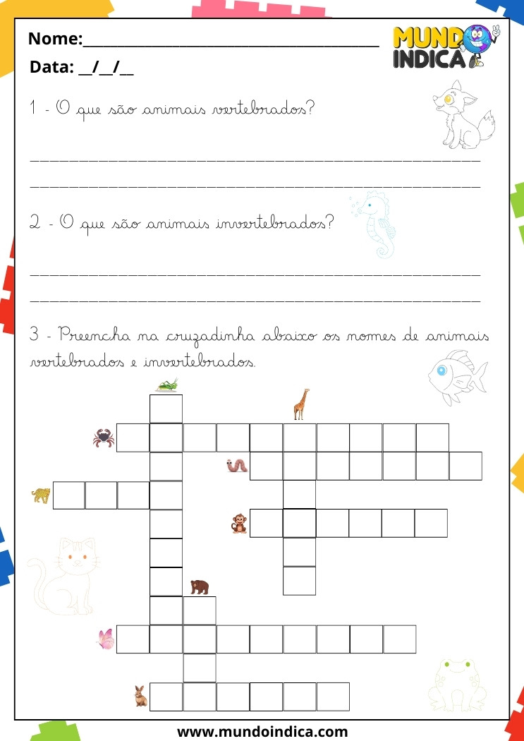 Atividade de Caligrafia para 4 Ano com Cruzadinha dos Animais para Imprimir