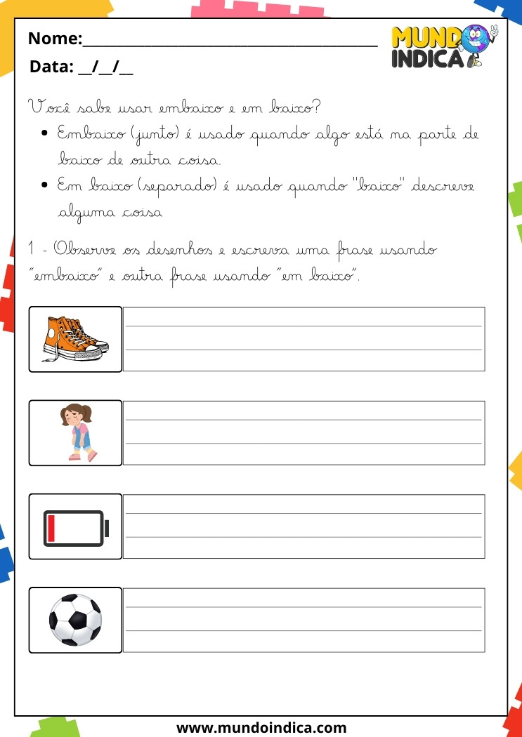 Atividade de Caligrafia para 4 Ano sobre Embaixo e Em Baixo para Imprimir