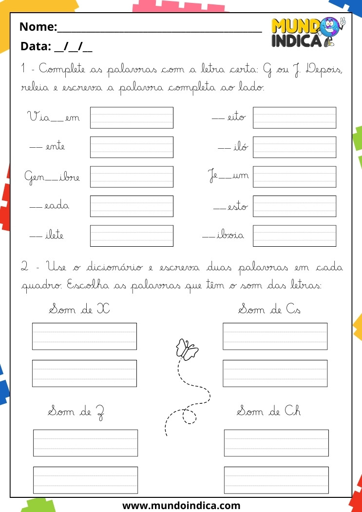Atividade de Caligrafia para Completar as Palavras com G ou J em Letra Cursiva e Escrever Palavras com Som de X, Cs, Z e Ch para 4 Ano para Imprimir
