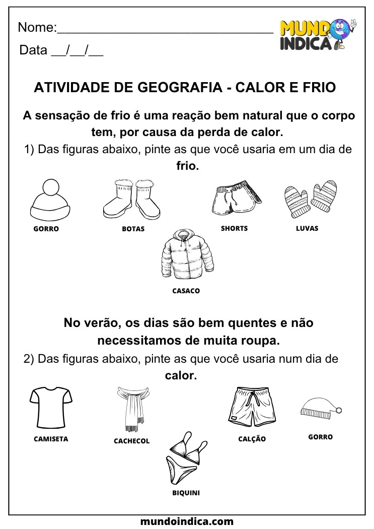 Atividade de Geografia sobre Calor e Frio para os Anos Iniciais