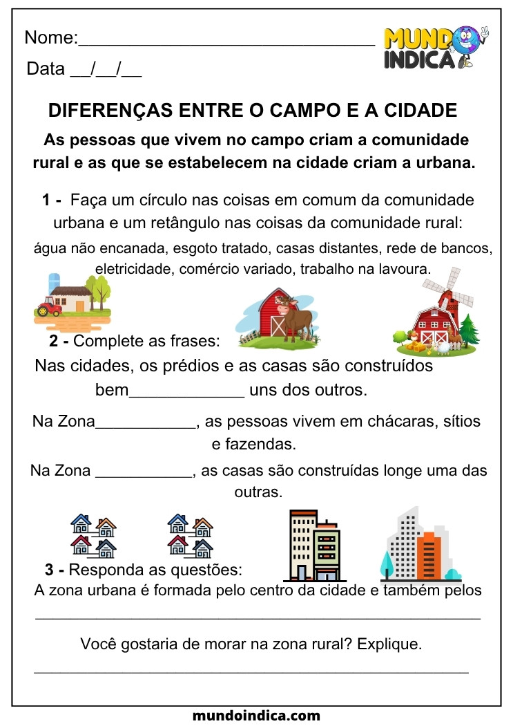 Atividade de Geografia para os Anos Iniciais sobre as Diferenças Entre o Campo e a Cidade, com ilustrações, espaços para completar e perguntas que incentivam a reflexão sobre a vida urbana e rural