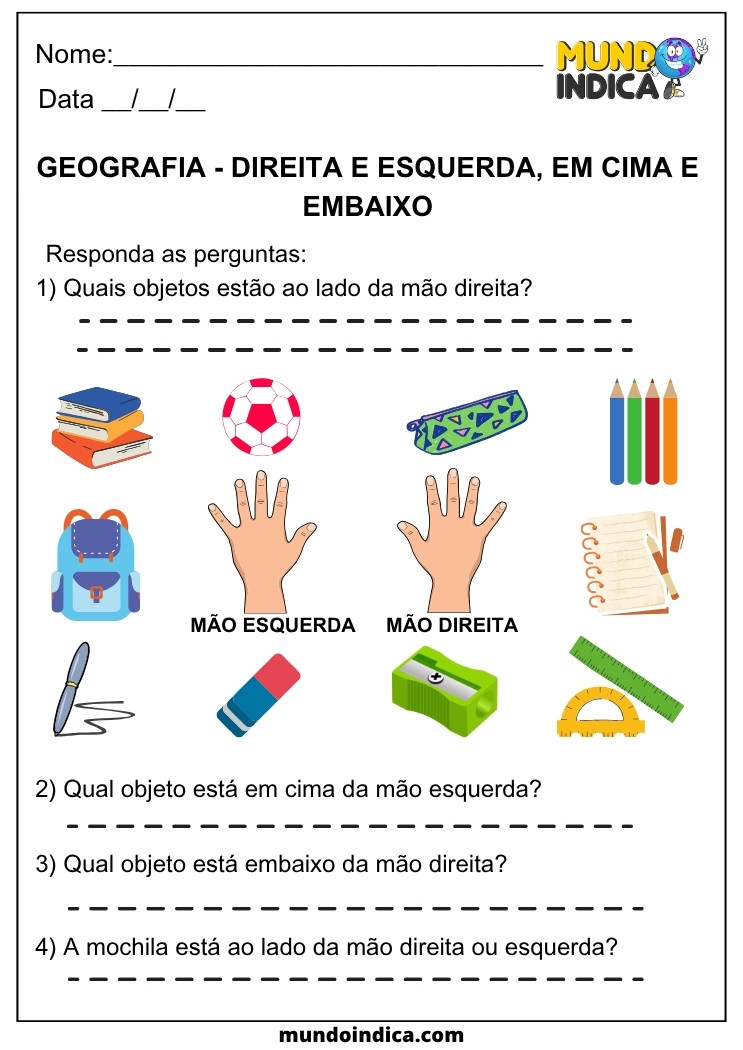 Atividade de Geografia para os Anos Iniciais sobre Direita e Esquerda, com ilustrações e perguntas para trabalhar noções de localização espacial e orientação