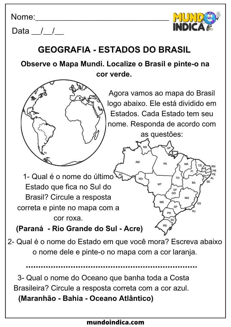 Atividade de Geografia para os Anos Iniciais sobre os Estados do Brasil, com proposta de colorir, localizar e identificar estados e o oceano