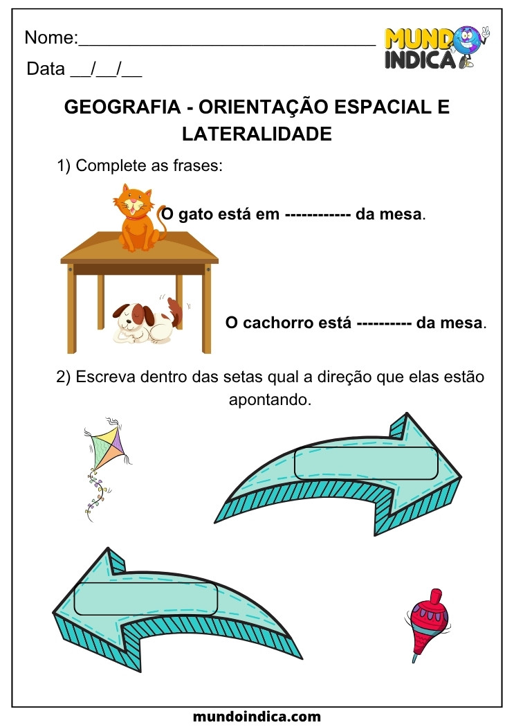 Atividade de Geografia para os Anos Iniciais sobre Orientação Espacial e Lateralidade, com exercícios de completar frases e identificar direções usando setas ilustradas