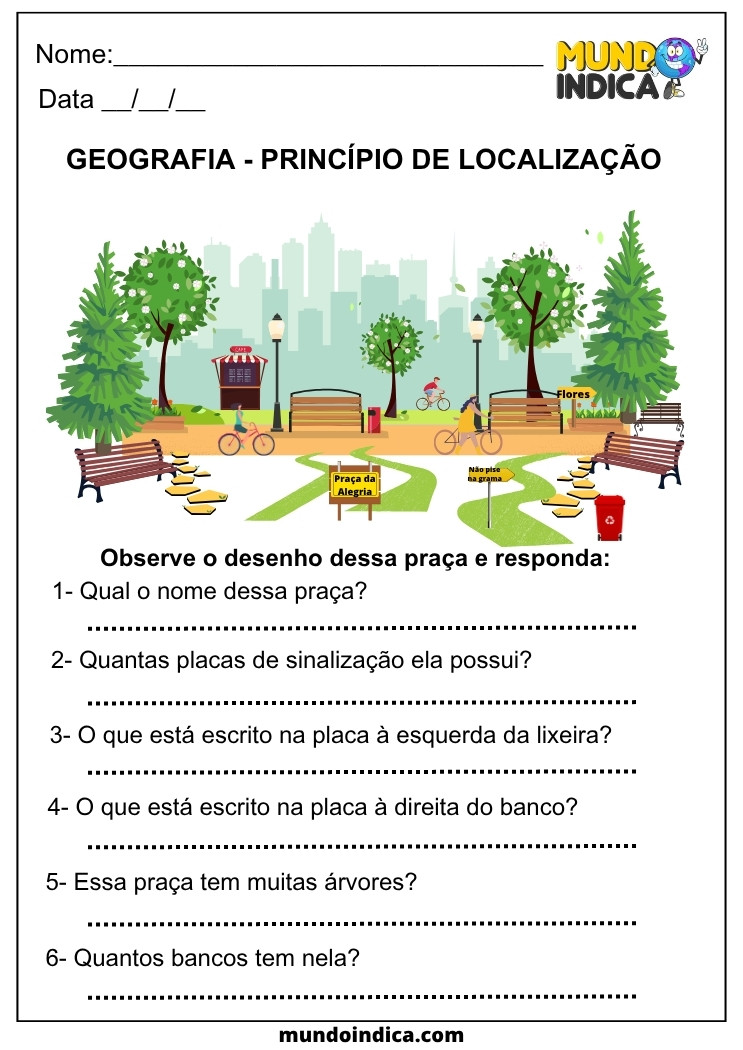 Atividade de Geografia Anos Iniciais sobre Princípio de Localização, com Desenho de Praça e Questões para Estimular a Observação e a Interpretação de Elementos Visuais