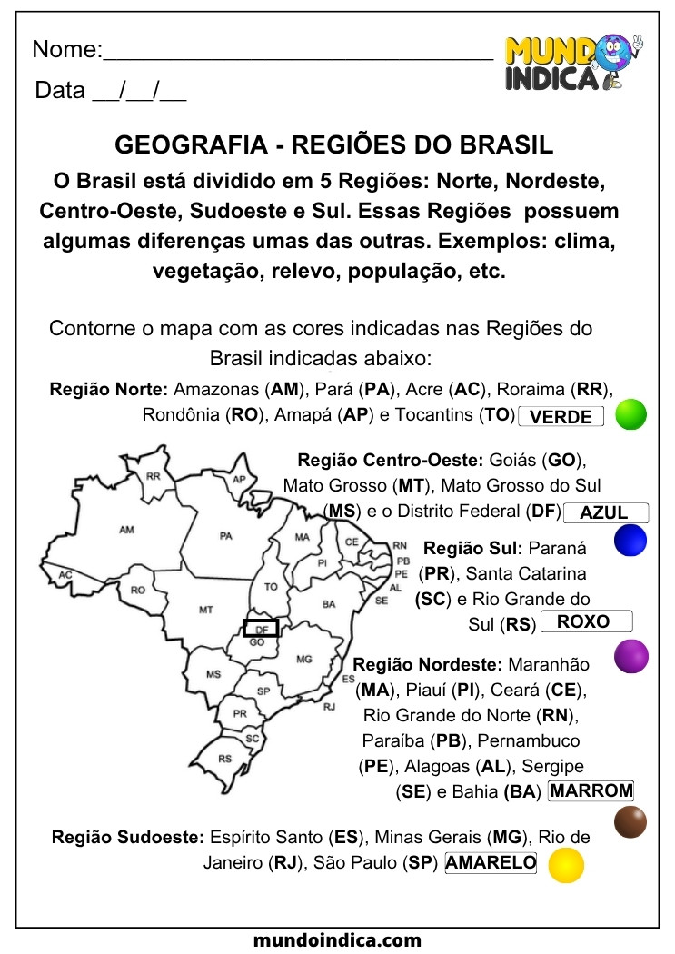 Atividade de Geografia para os Anos Iniciais sobre as Regiões do Brasil, com mapa e legenda para colorir de acordo com as divisões regionais