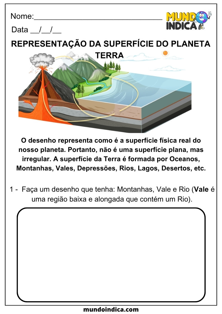 Atividade de Geografia para os Anos Iniciais que aborda a Representação da Superfície do Planeta Terra, apresentando ilustrações de relevo e espaço para o aluno desenhar montanhas, vale e rio