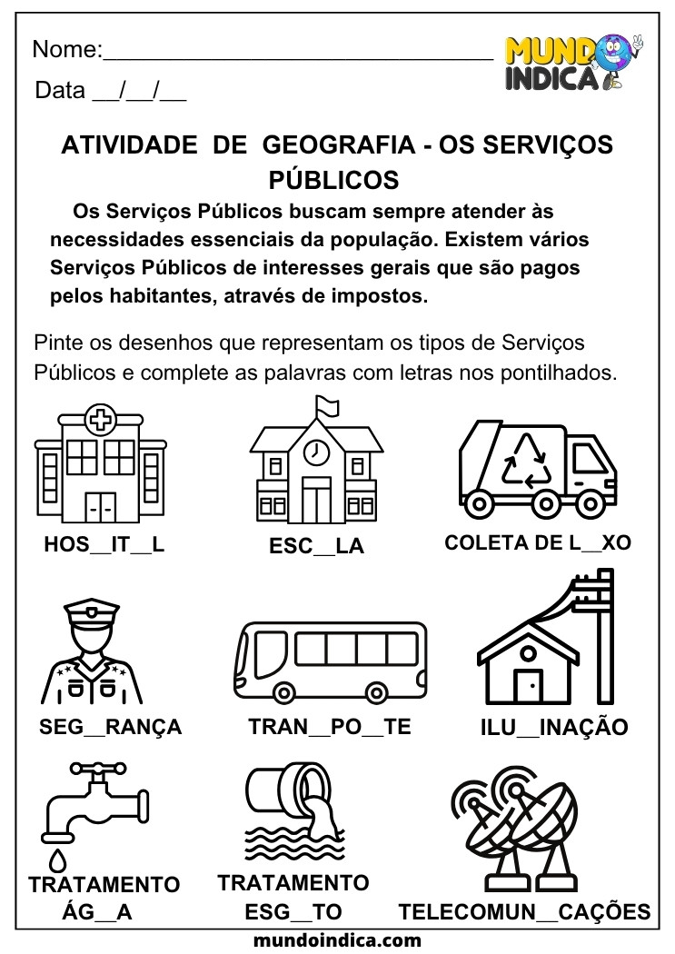 Atividade de Geografia para os Anos Iniciais sobre os Serviços Públicos, com ilustrações para colorir e exercícios de completar palavras
