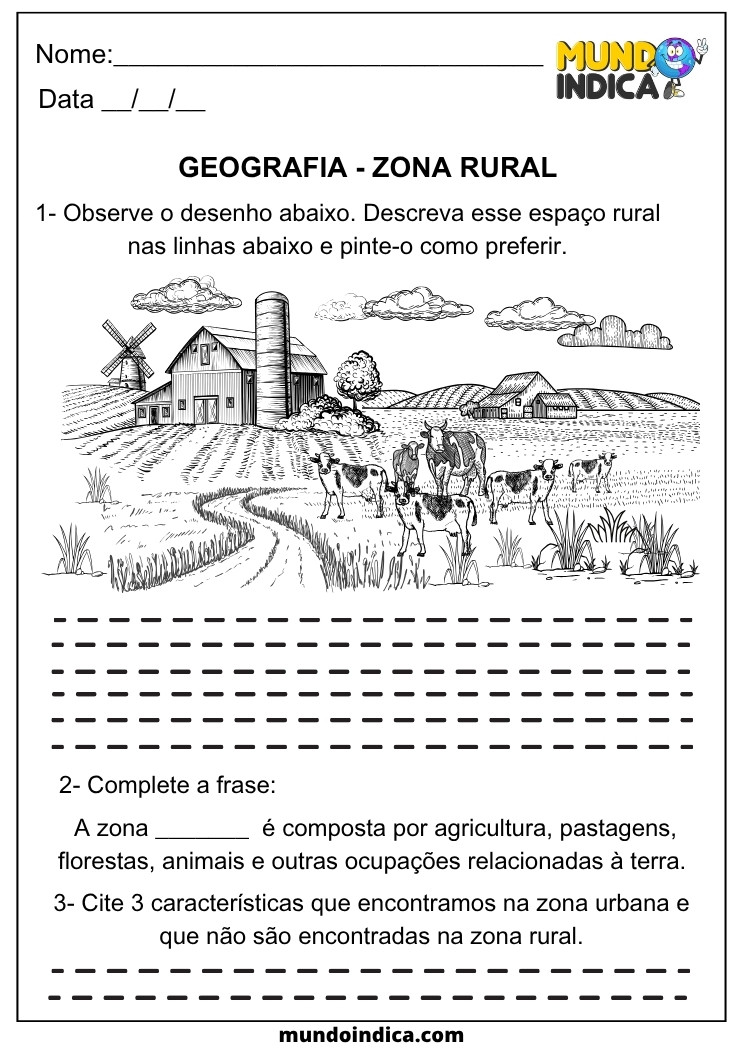 Atividade de Geografia para os Anos Iniciais sobre a Zona Rural com desenho de fazenda para colorir