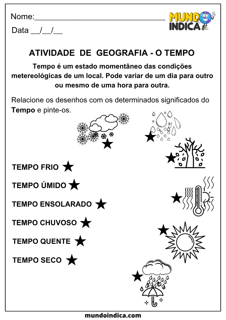 Atividade de Geografia para os Anos Iniciais sobre o Tempo, com ilustrações para ligar e pintar diferentes condições meteorológicas